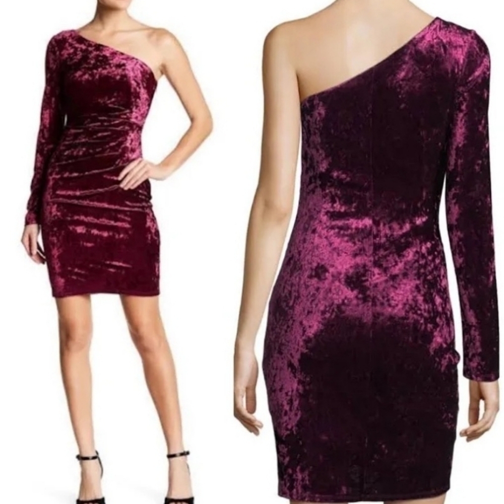 Eliza J Velvet Wine color One Sleeve Dress Date Night Formal Sexy Flirty - Picture 1 of 11